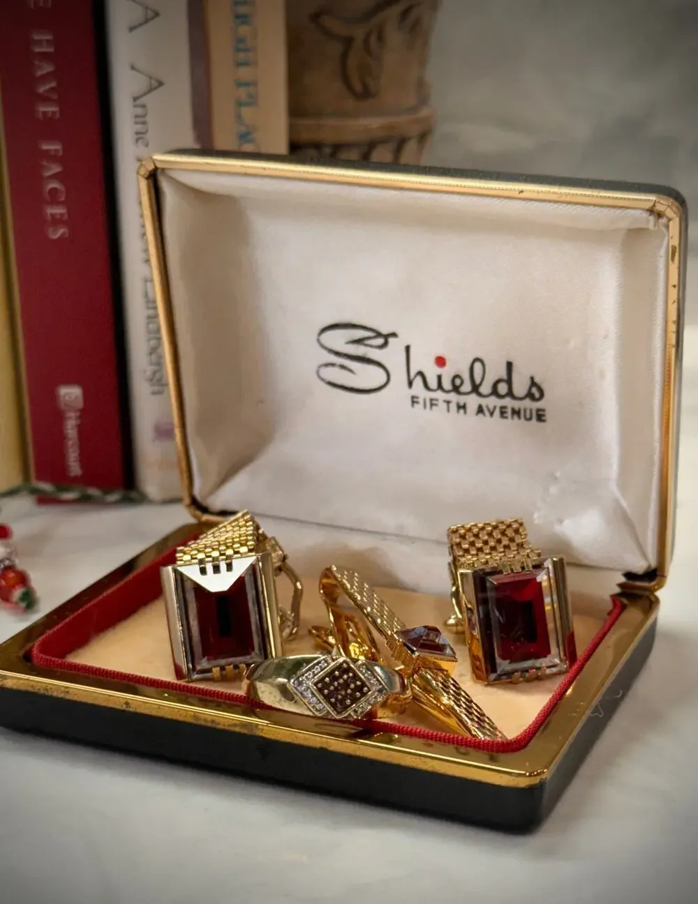 Shields Fifth Avenue Mad Men Vintage Mens Jewelry Set Ruby Glass Cufflinks Lot